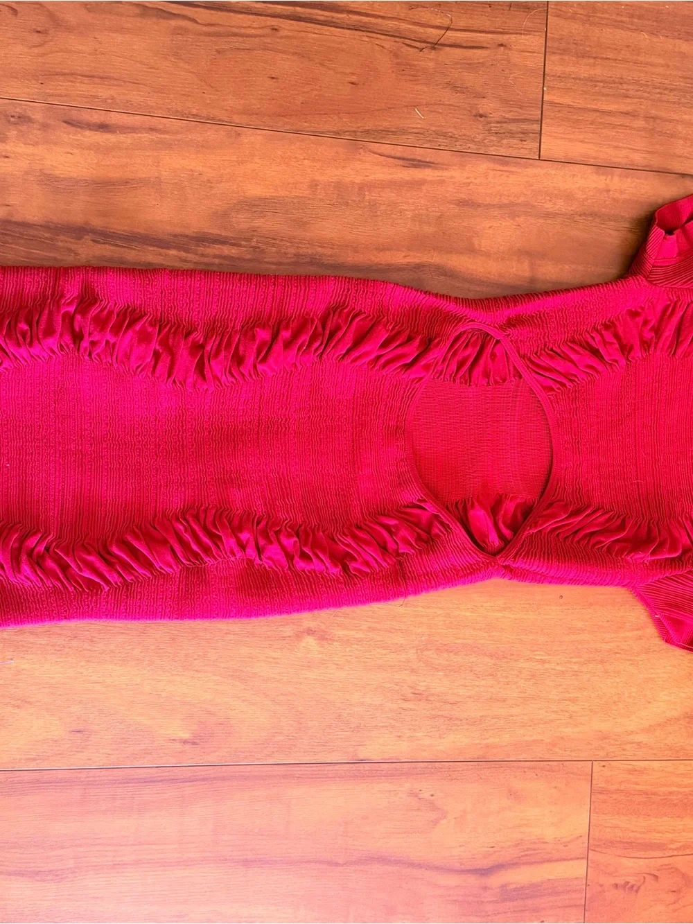 Ruched Hot Red Short-Sleeve Knit Midi Dress